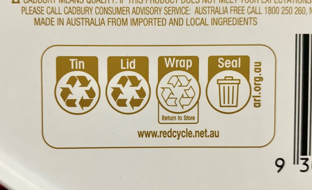 The different recycling labels on a container. This shows the way to dispose of the different components.