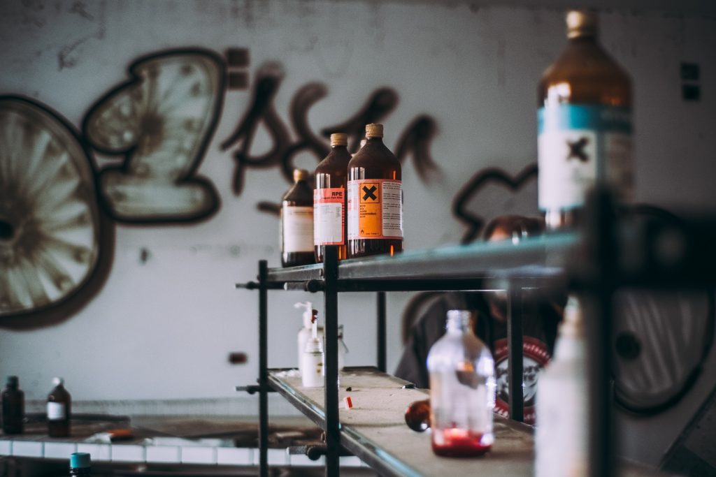 Bottles containing chemicals. Not necessarily for making chemical weapons.