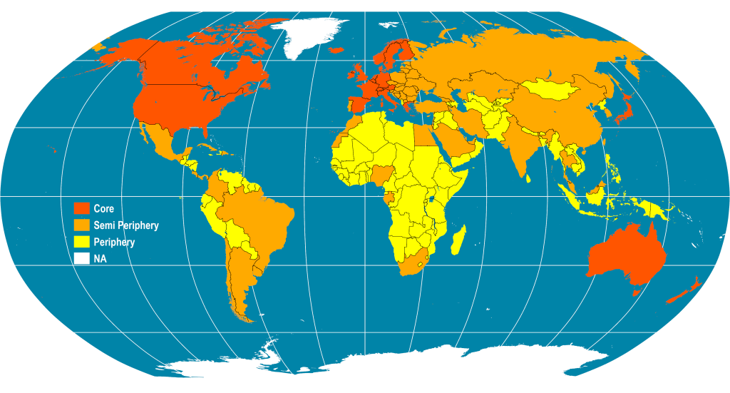 Unequal development: Countries that are marked as cores, semi-periphery and periphery.