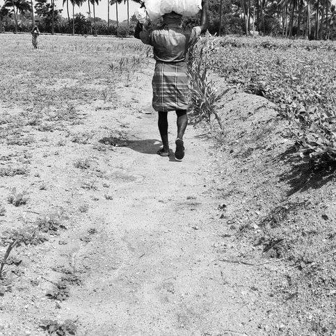 Woman carrying a bag of farm produce on her head