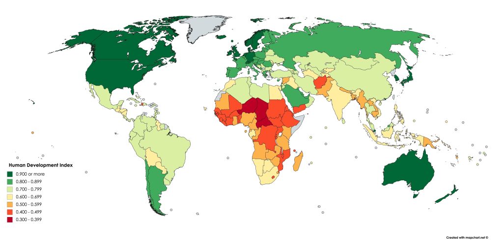 Image showing which countries class as developed and developing based on HDI data.