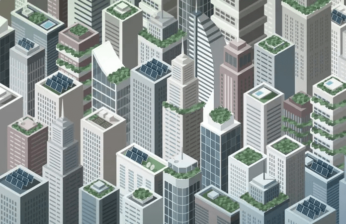 Solar panels on rooftop buildings and integrated into facades.