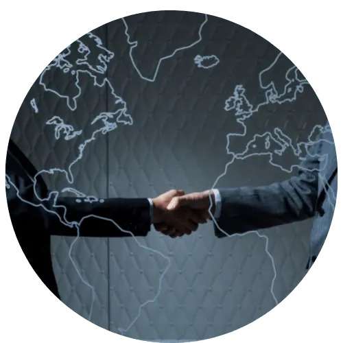 Two people shaking hands across the world. International trade is a hot topic with considering which way to cast your vote for thrivable voting.