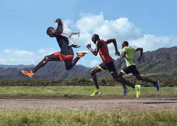Nike’s flat-knitted Flyknit technology debuted in the Flyknit Racer running shoe in the London Olympics in 2012.