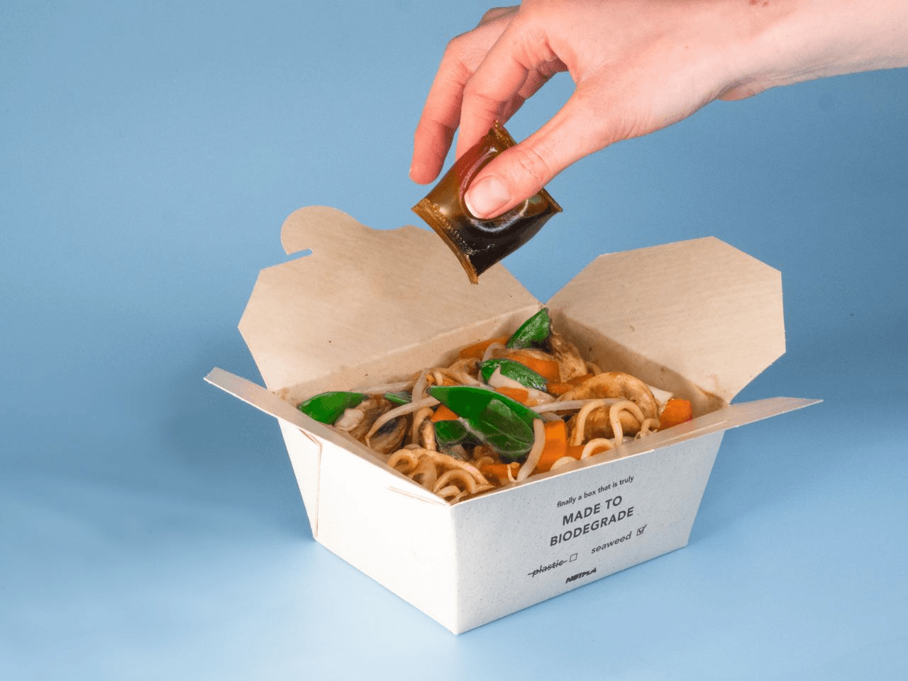 Fully biodegradable, seaweed-lined takeaway boxes.