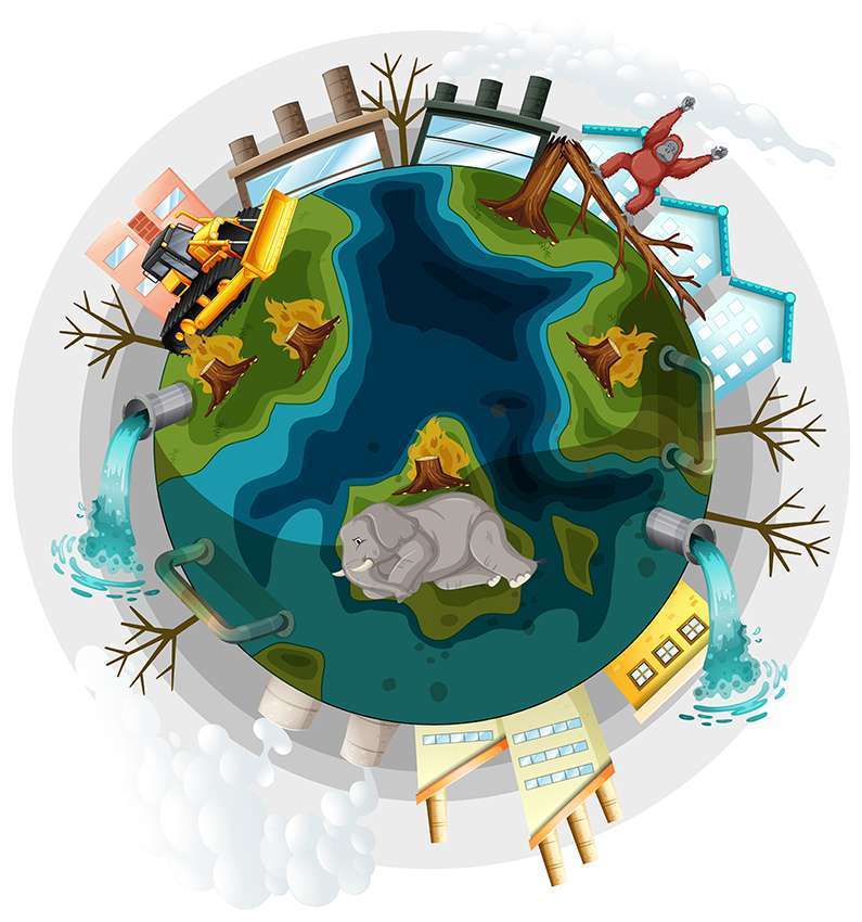 Earth with deforestation and global warming problems causing biodiversity loss.