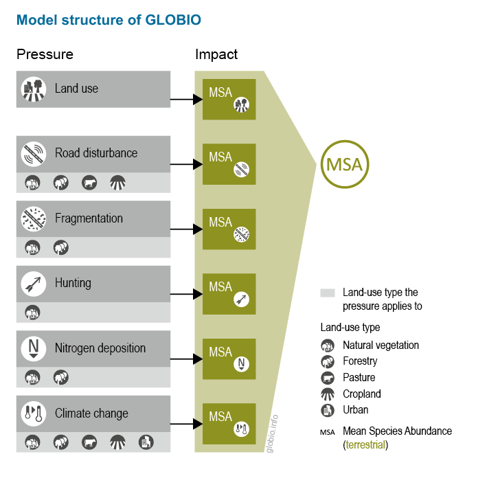 Environmental pressures considered by top-down approach GLOBIO (MSA).